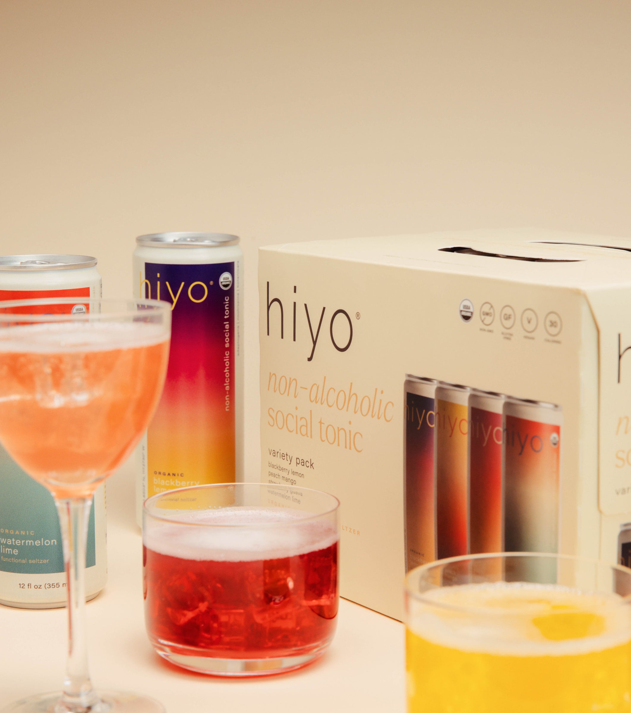 hiyo's variety pack featuring blackberry lemon, peach mango, strawberry guava, and watermelon lime.