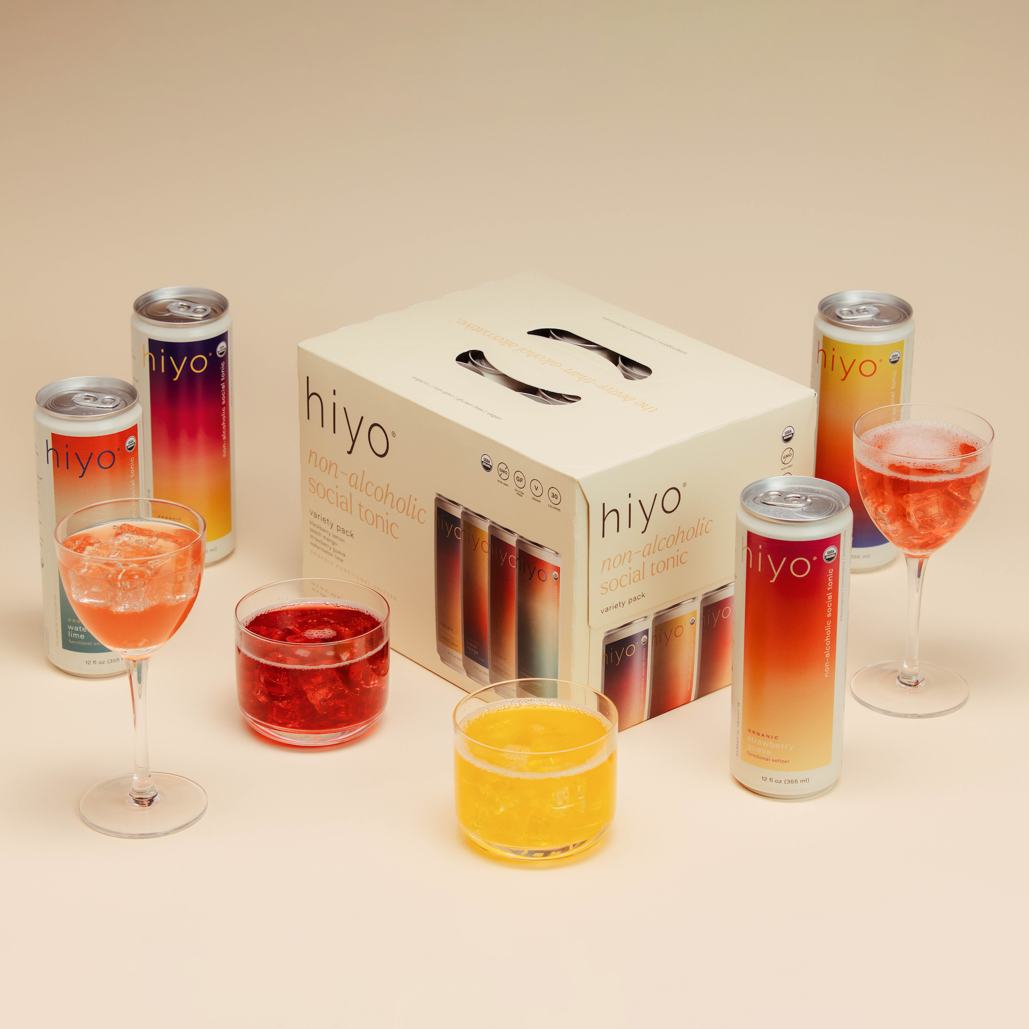hiyo's variety pack, which includes the 12-pack box, one can and one iced glass of each flavor (blackberry lemon, peach mango, strawberry guava, and watermelon lime).
